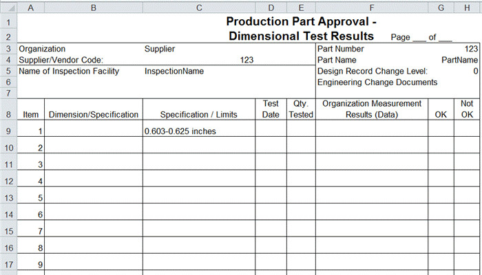 Dimensional Inspection Report Template Ppap forms In Excel Ppap Templates