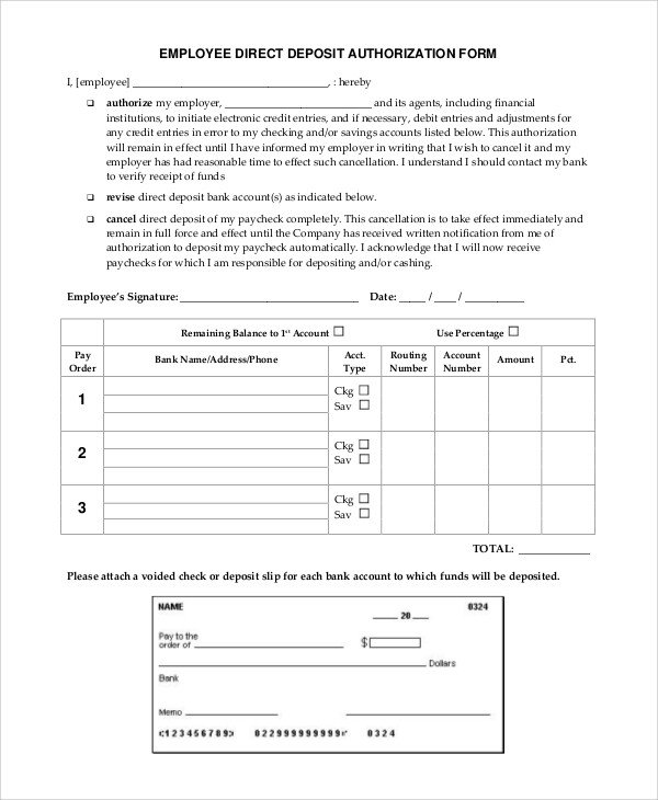 Direct Deposit Authorization form Template Sample Direct Deposit Authorization form 10 Examples In