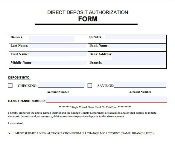 Direct Deposit Authorization form Template Sample Direct Deposit Authorization form 7 Download