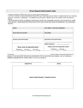 Direct Deposit form Template Direct Deposit Authorization Template