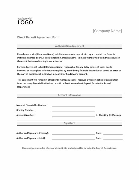 Direct Deposit form Template Word Payrolls Fice