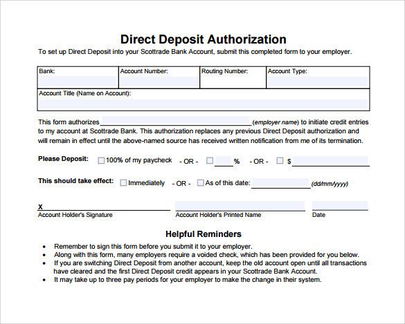 Direct Deposit form Template Word Sample Direct Deposit Authorization form 7 Download