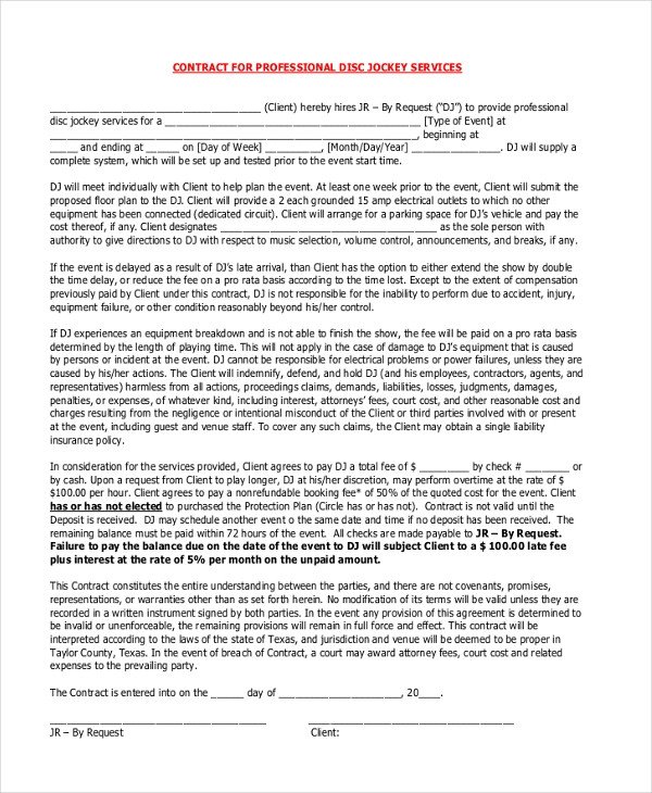 Disc Jockey Contracts Template Sample Dj Contract form 8 Free Documents In Pdf Doc