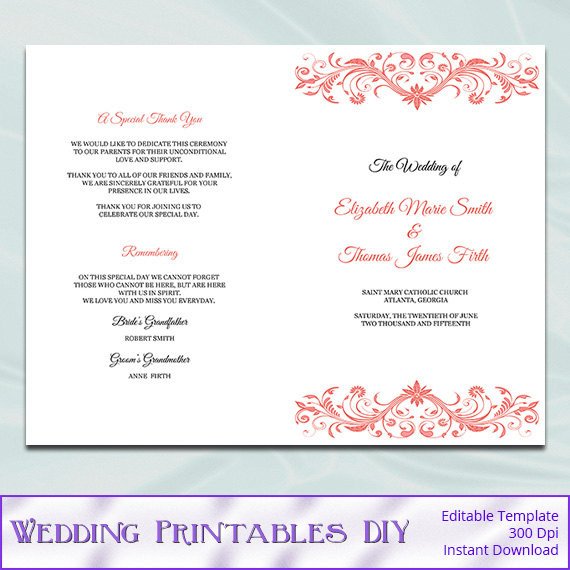 Diy Wedding Program Template Catholic Wedding Program Template Diy Printable Coral order