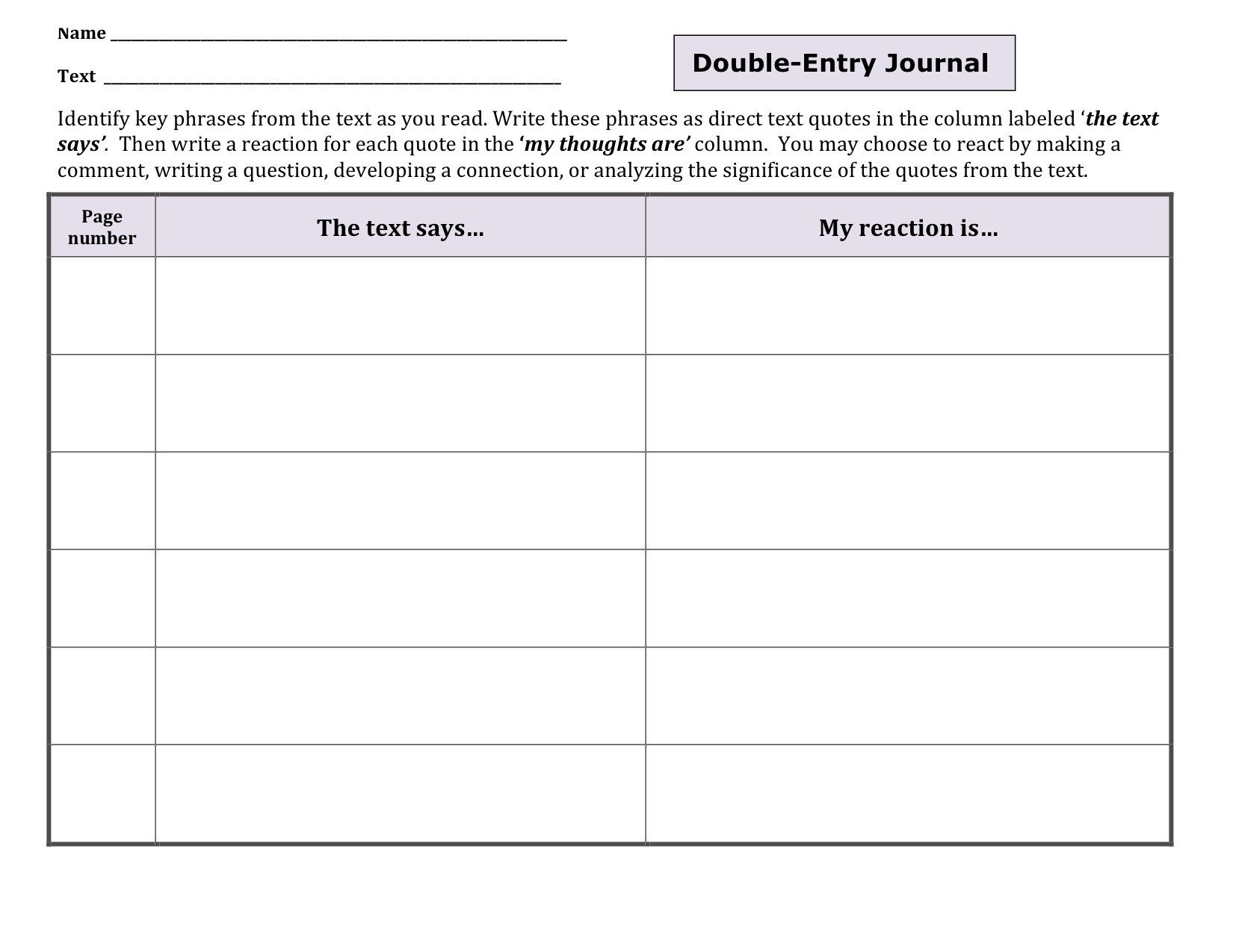 Double Entry Journal Template Content Specific Literacy Focusing On Prehension