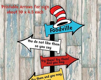 Dr Seuss Arrows Free Printables Whimsical Blue and Red Rhyming Printable Party Arrow Signs 4