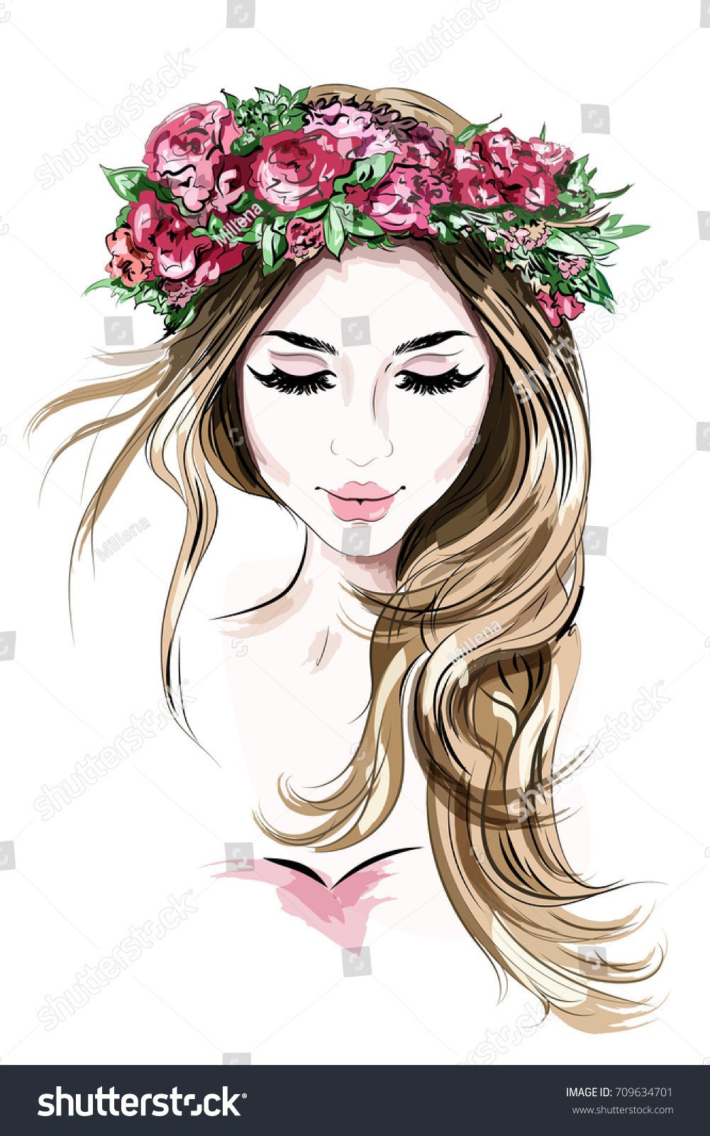 Drawn Pictures Of Girls Hand Drawn Beautiful Young Woman Flower Stock Vector