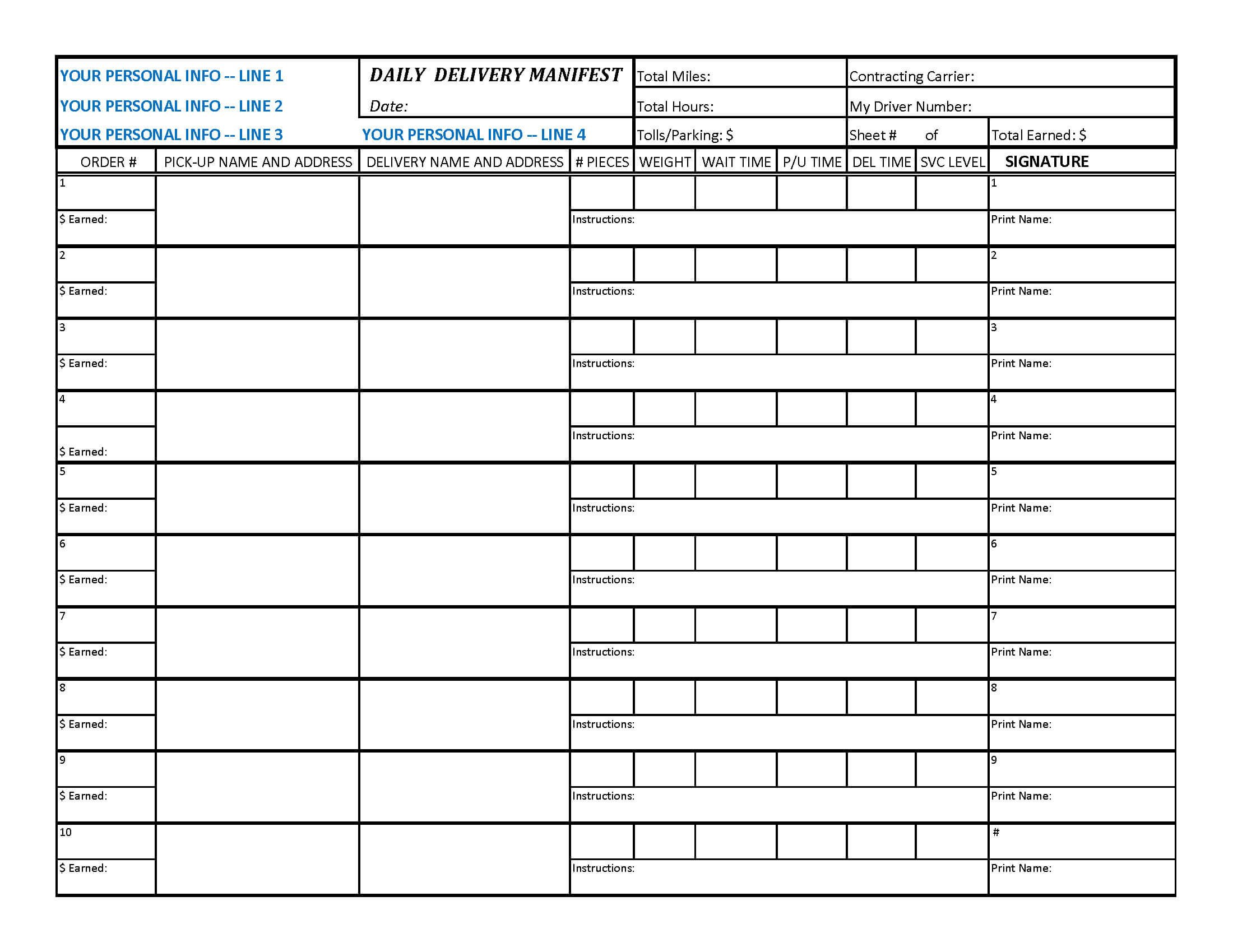 Driver Manifest Template Get A Personalized Delivery Manifest form
