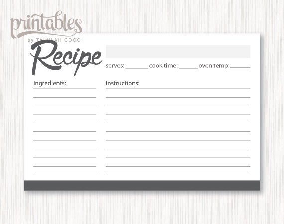 Editable Recipe Card Template Digital Recipe Cards Editable Charcoal Gray Recipe Card