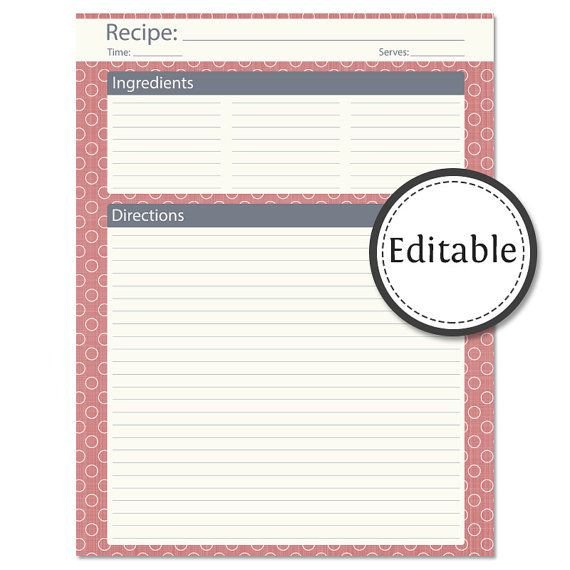 Editable Recipe Card Template Recipe Card Full Page Fillable Instant