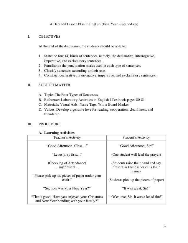 Ela Lesson Plan Template A Detailed Lesson Plan In English First Year – Secondary