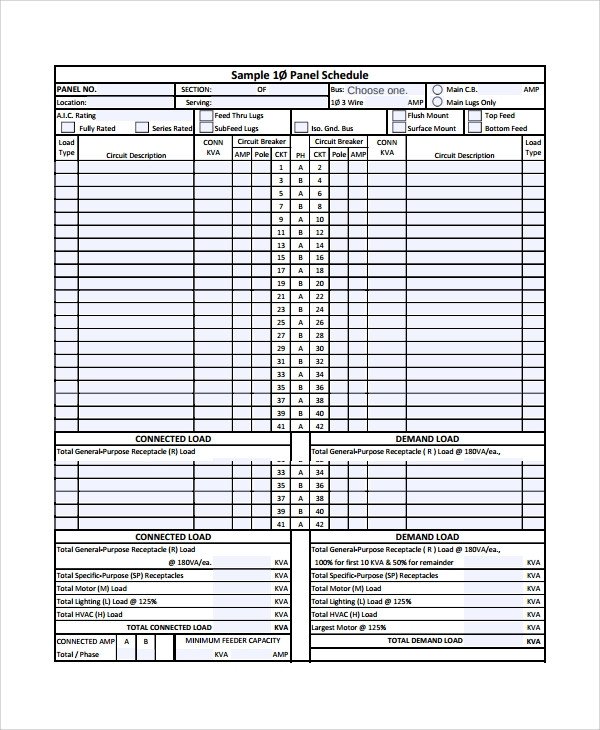 Electrical Panel Schedule Excel Template Sample Panel Schedule Template 7 Free Documents