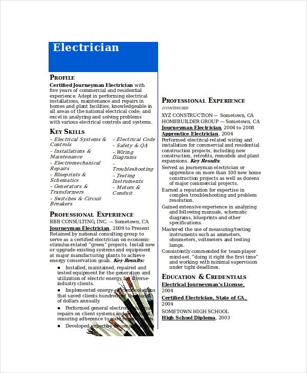 Electrician Resume Template Microsoft Word Electrician Resume Template 5 Free Word Excel Pdf