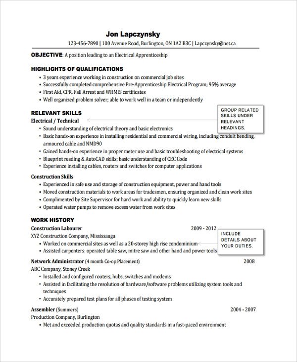 Electrician Resume Template Microsoft Word Sample Electrician Resume Template 7 Free Documents