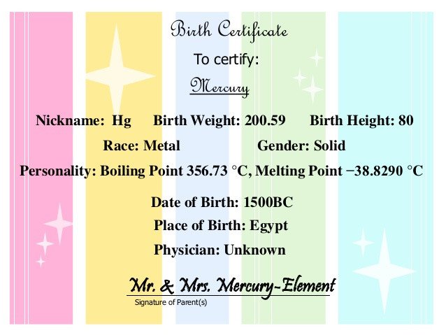 Element Birth Certificate Mercury Element Baby Book by Julia J