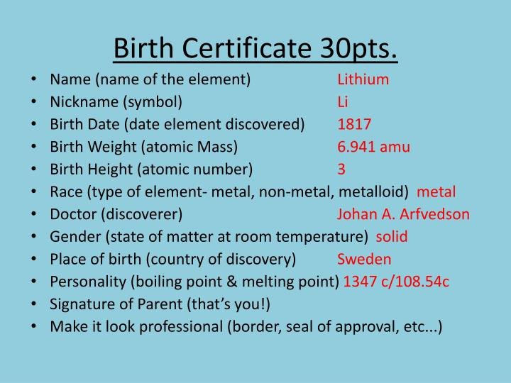 Element Birth Certificate Ppt Element Baby Book Project Powerpoint Presentation