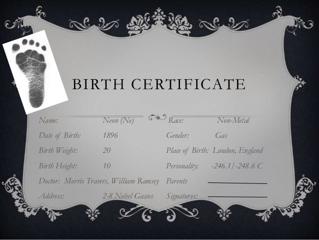 Element Birth Certificate Science Birth Certificate