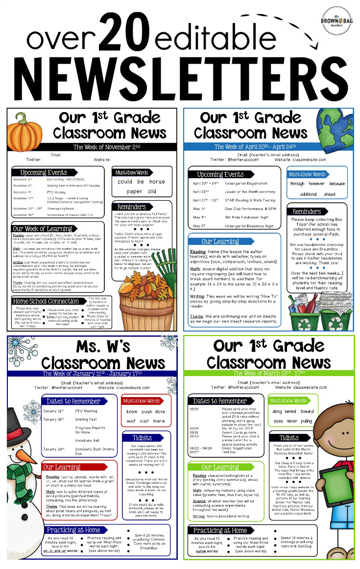 Elementary School Newsletter Template Editable Newsletter Templates Back to School