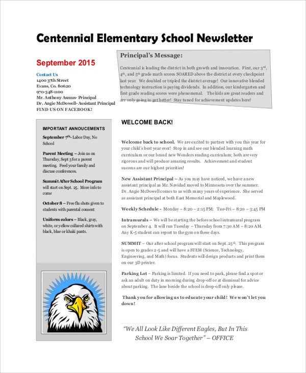 Elementary School Newsletter Template Sample School Newsletter 7 Documents In Pdf Word