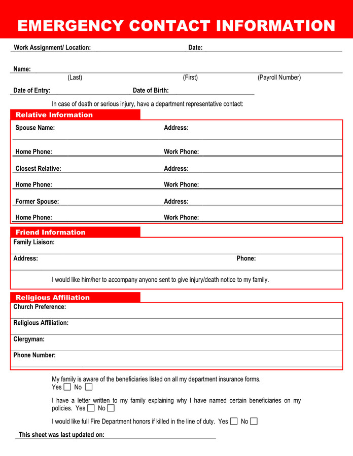 Emergency Contact form Template Word Employee Emergency Contact Printable form to Pin