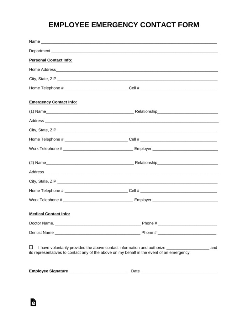 Emergency Contact form Template Word Free Employee Emergency Contact form Pdf Word