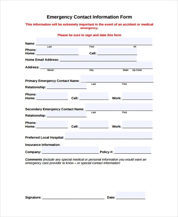Emergency Contact form Template Word Sample Contact form 8 Documents In Pdf Word