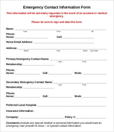 Emergency Contact Information form 11 Emergency Contact forms Pdf Doc