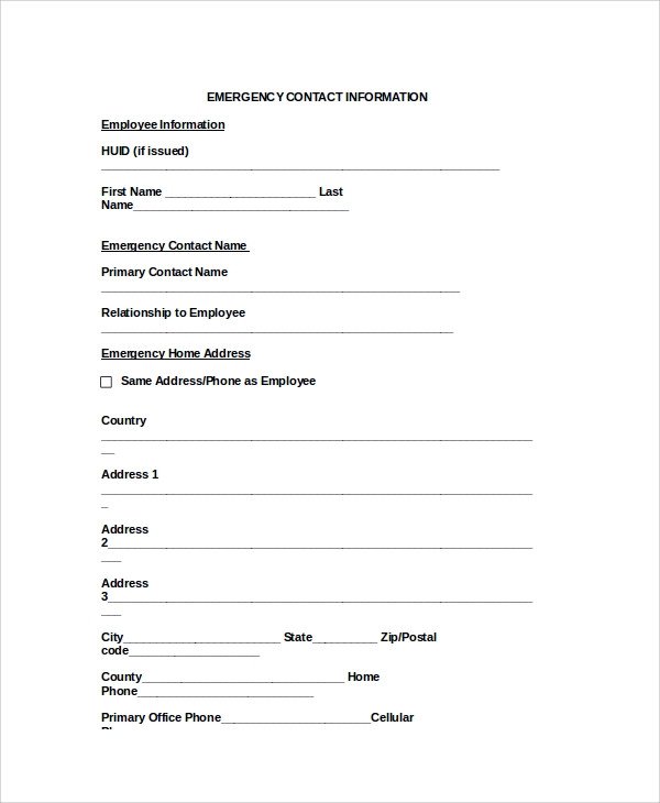 Emergency Contact Information form 8 Emergency Contact form Samples Examples Templates