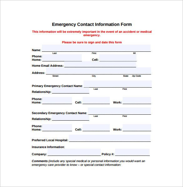 Emergency Contact Information form Emergency Contact forms 11 Download Free Documents In