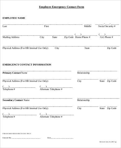Emergency Contact Information form Sample Employee Emergency Contact form 7 Examples In