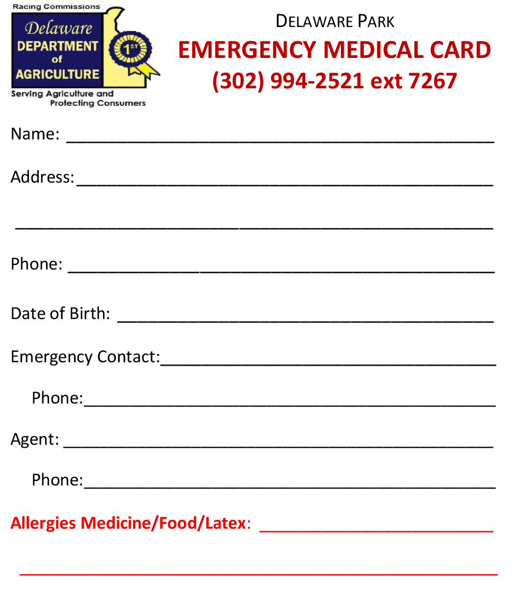 Emergency Medical Card Template Delaware Jockeys association