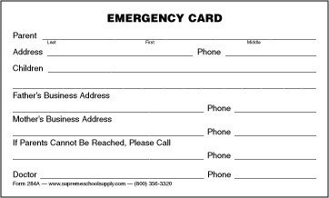 Emergency Medical Card Template Emergency Information Card 284a Supreme School Supply