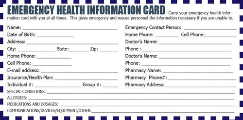 Emergency Medical Card Template Preparedness List Food Emergency Information Card