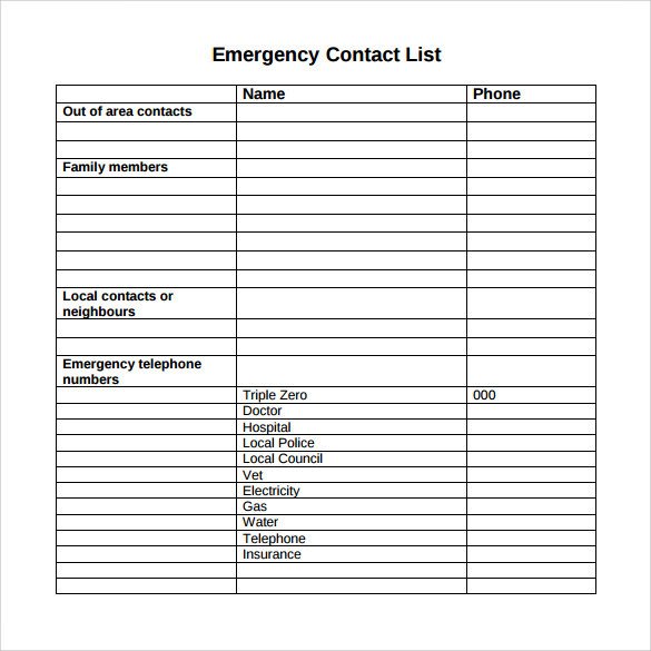 Emergency Phone Numbers Template 13 Contact List Templates Pdf Word