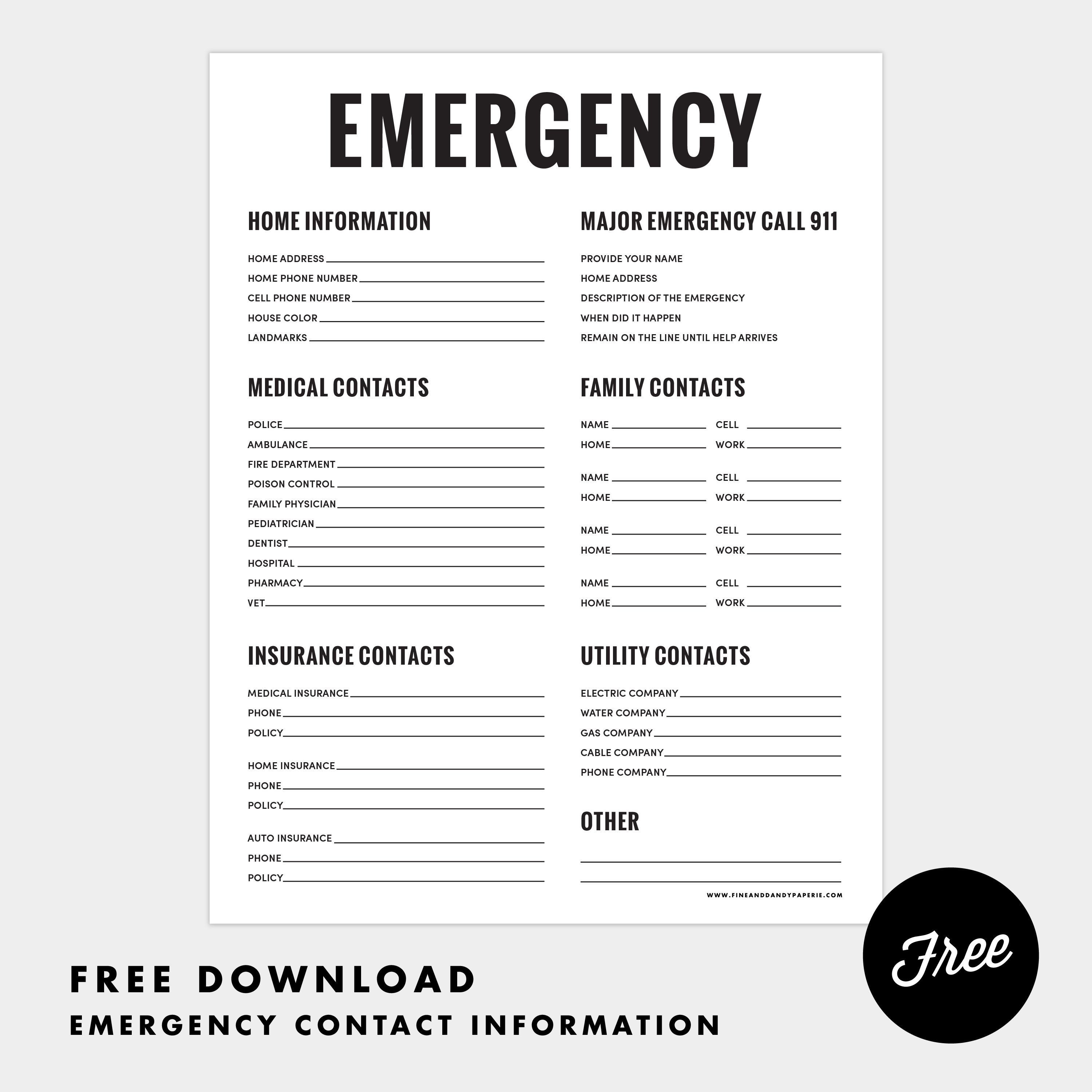 Emergency Phone Numbers Template Fine &amp; Dandy Freebies Emergency Contact Sheet Printable