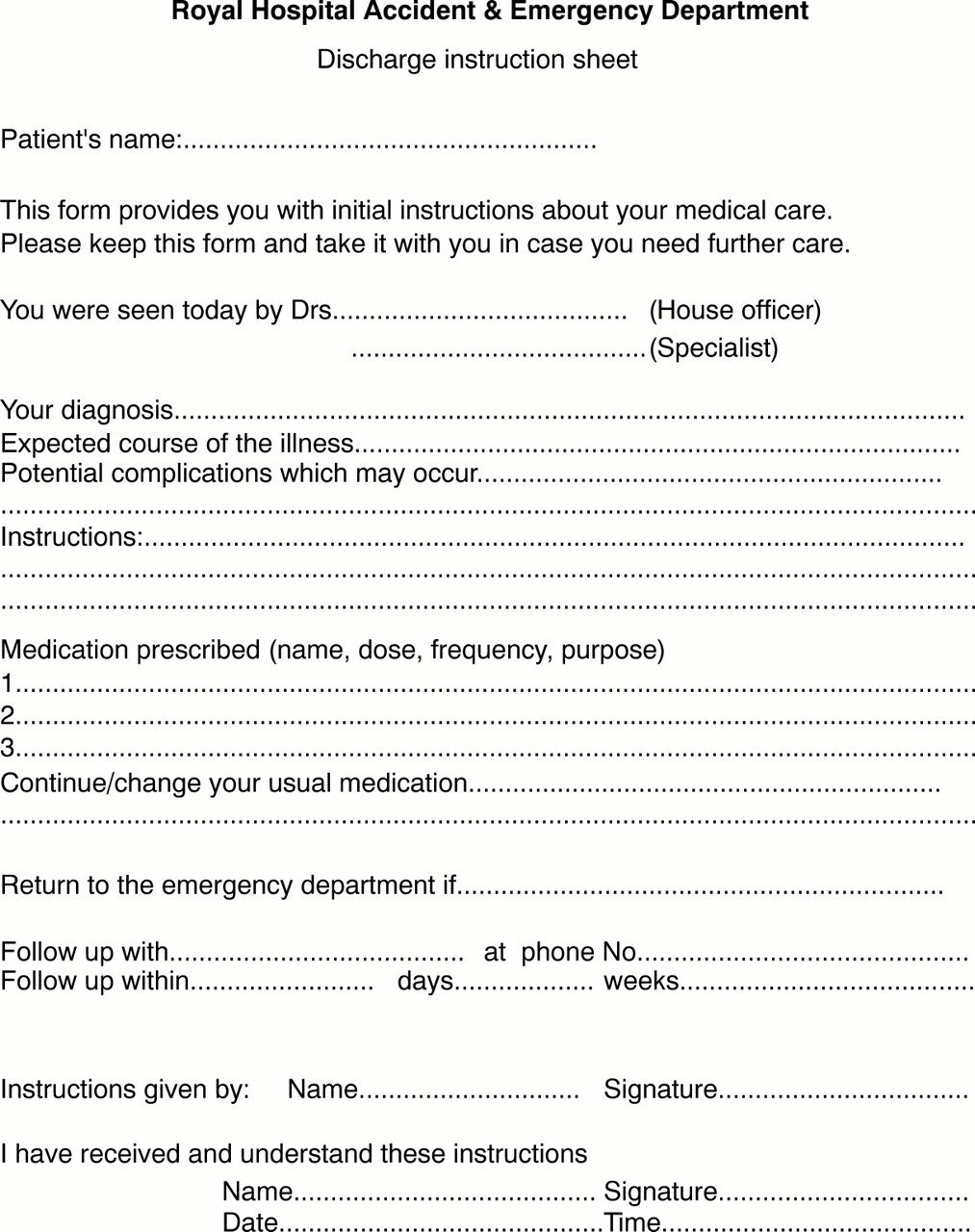 Emergency Room Discharge Papers Template Discharge Instructions for Emergency Department Patients