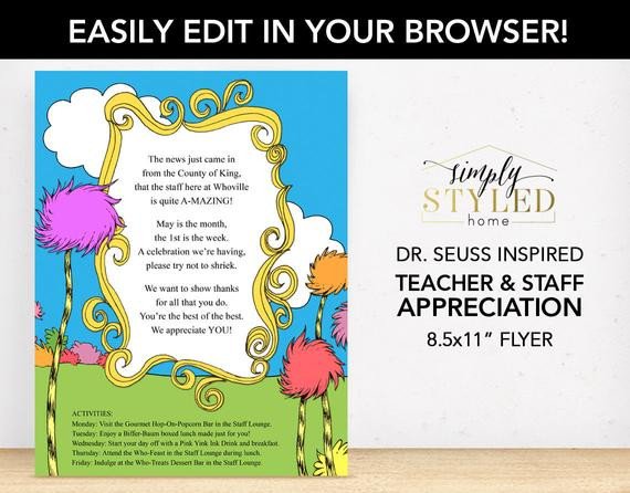 Employee Appreciation Day Flyer Template Editable Dr Seuss Inspired Flyer Teacher and Staff