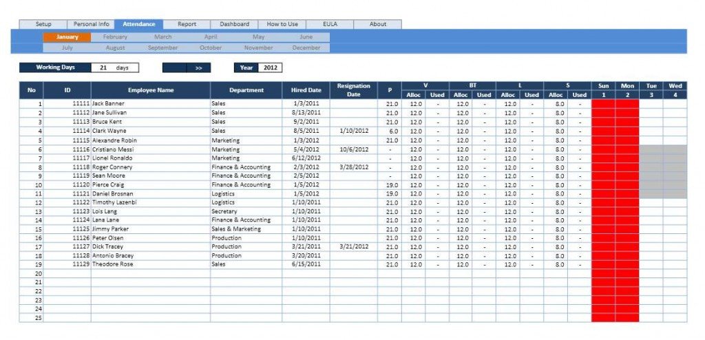 Employee attendance Tracker Excel Template Employee attendance Calendar and Vacation Planner