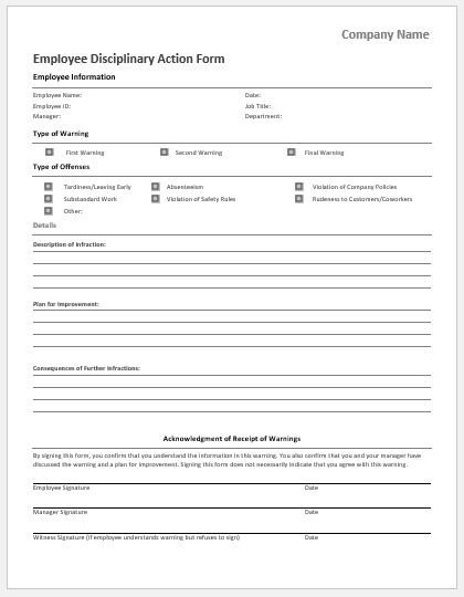 Employee Disciplinary Action form Employee Vacation Request form for Ms Word