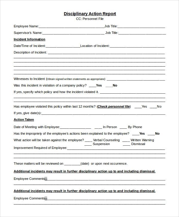 Employee Disciplinary Action form Sample Disciplinary Action form 8 Examples In Pdf Word