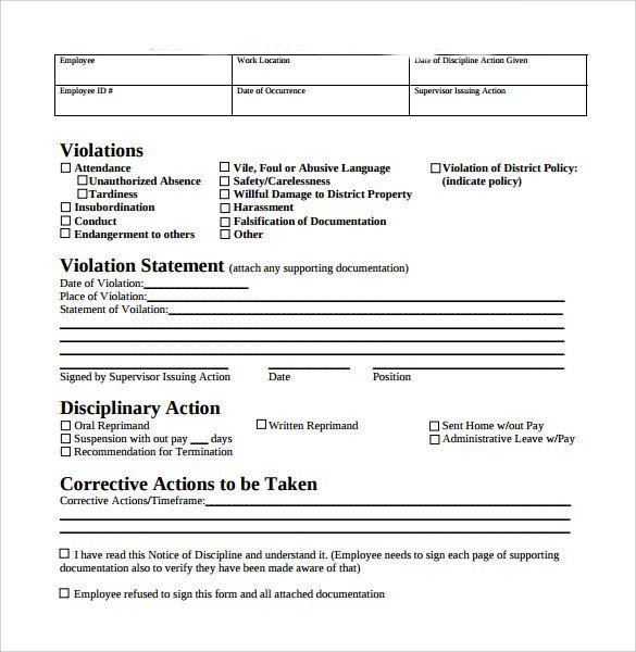 Employee Disciplinary Action form Sample Employee Write Up form 7 Documents In Pdf