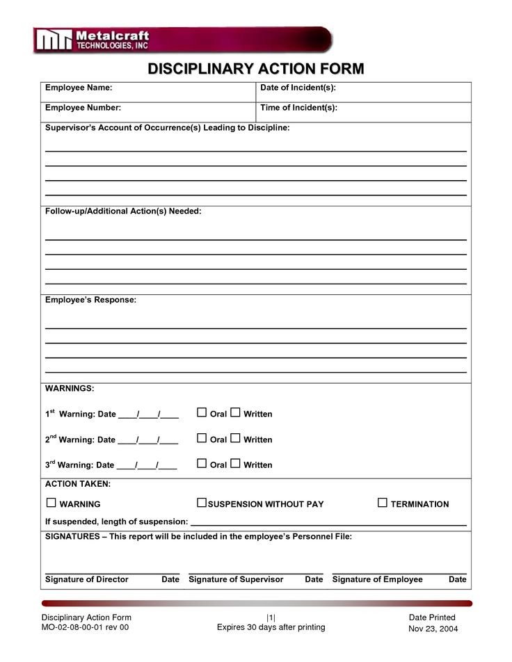 Employee Disciplinary Action Template Disciplinary Action form Frompo