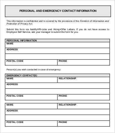 Employee Emergency Contact form Template 11 Emergency Contact forms Pdf Doc