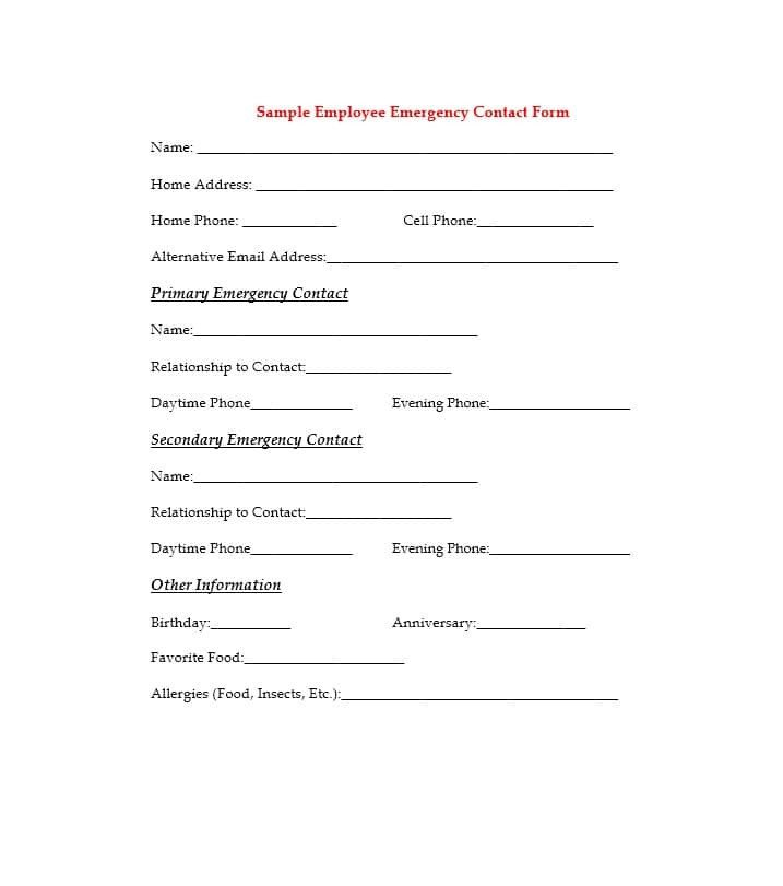 Employee Emergency Contact form Template 54 Free Emergency Contact forms [employee Student]
