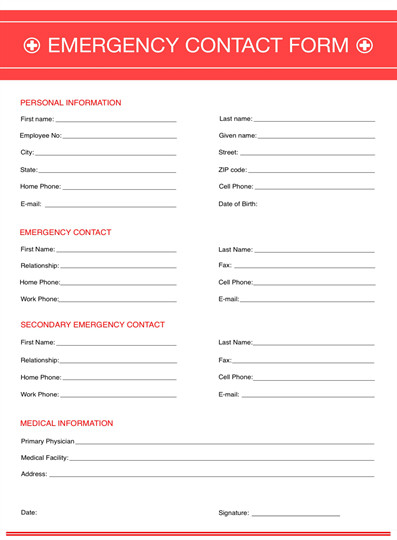 Employee Emergency Contact form Template Emergency Contact form