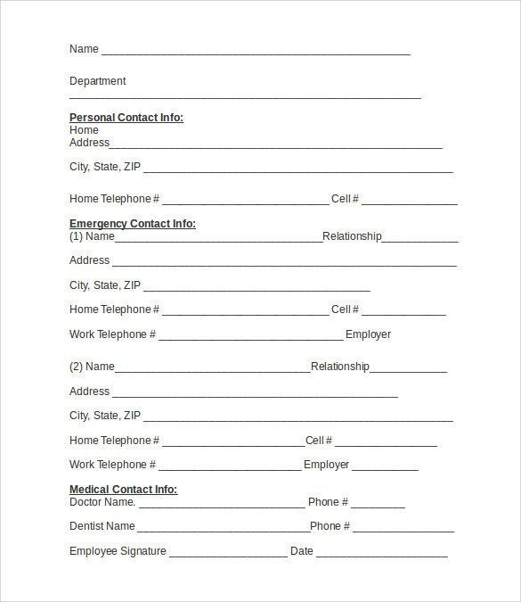 Employee Emergency Contact form Template Emergency Contact forms 11 Download Free Documents In