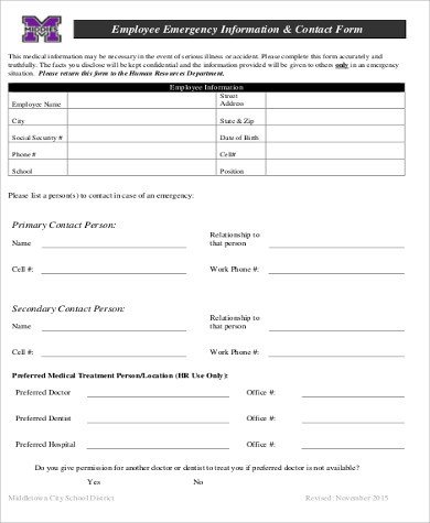 Employee Emergency Contact form Template Sample Employee Emergency Contact form 7 Examples In