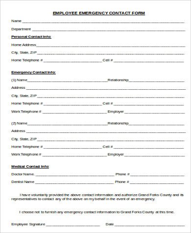 Employee Emergency Contact form Template Sample Employee Emergency Contact form 7 Examples In