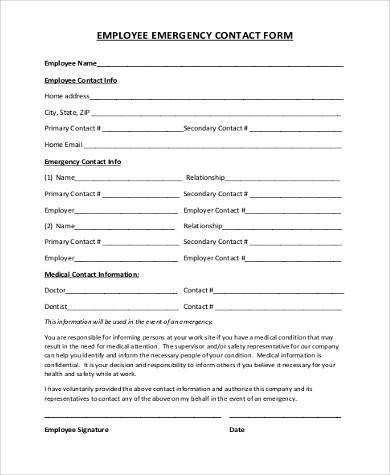 Employee Emergency Contact forms Employee Emergency Contact form Samples 8 Free