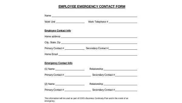 Employee Emergency Contact forms Employee Emergency Contact form Samples 8 Free